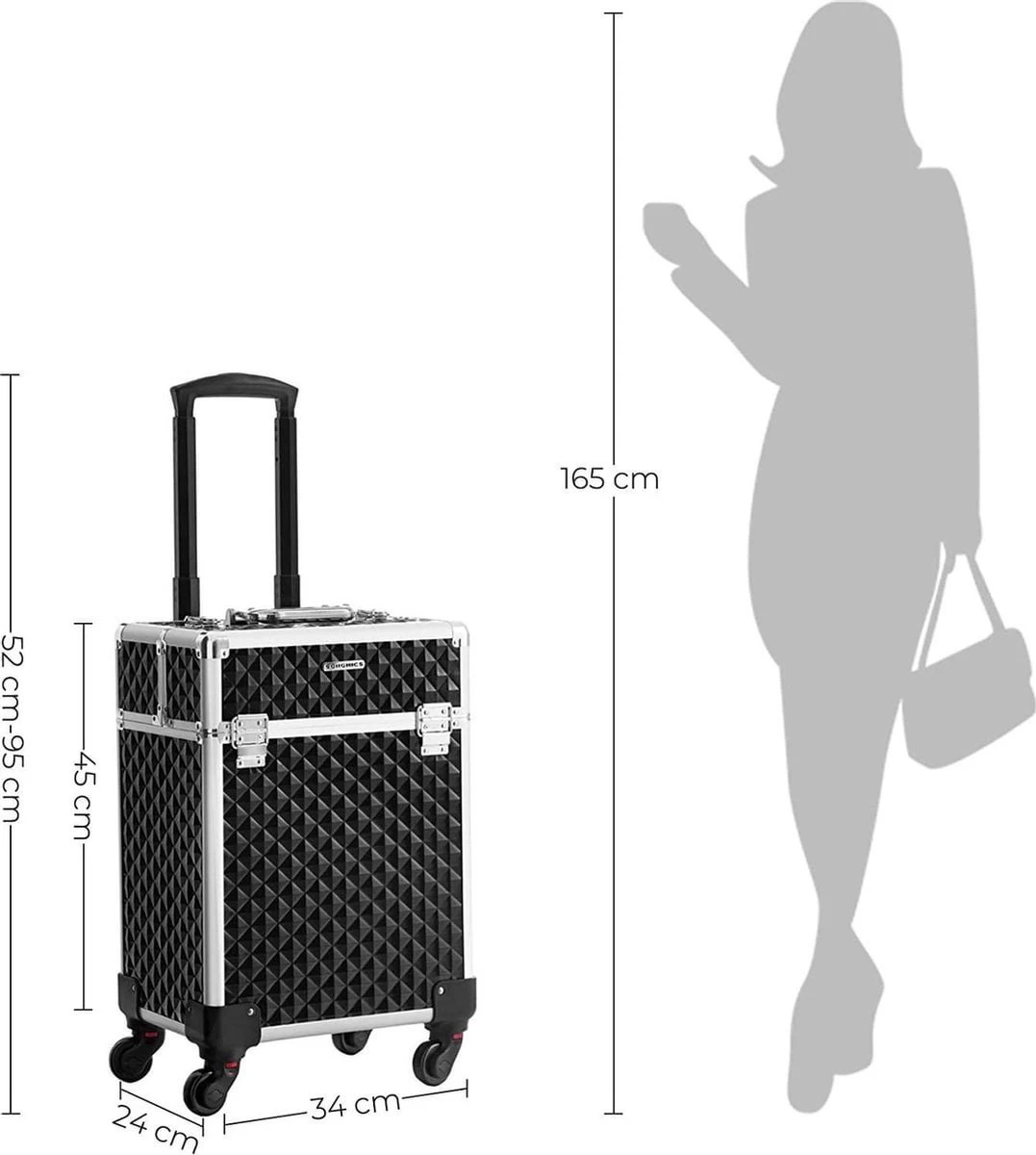 Cosmetische Koffer, Trolley, Make-up Case Met Handvat, 4 Universele Wielen, 4 Uitschuifbare Dienbladen, Make-up Tas, Voor Reizen, Zwart 8 Cosmetische Koffer, Trolley, Make-up Case Met Handvat, 4 Universele Wielen, 4 Uitschuifbare Dienbladen, Make-up Tas, Voor Reizen, Zwart - Afbeelding 8