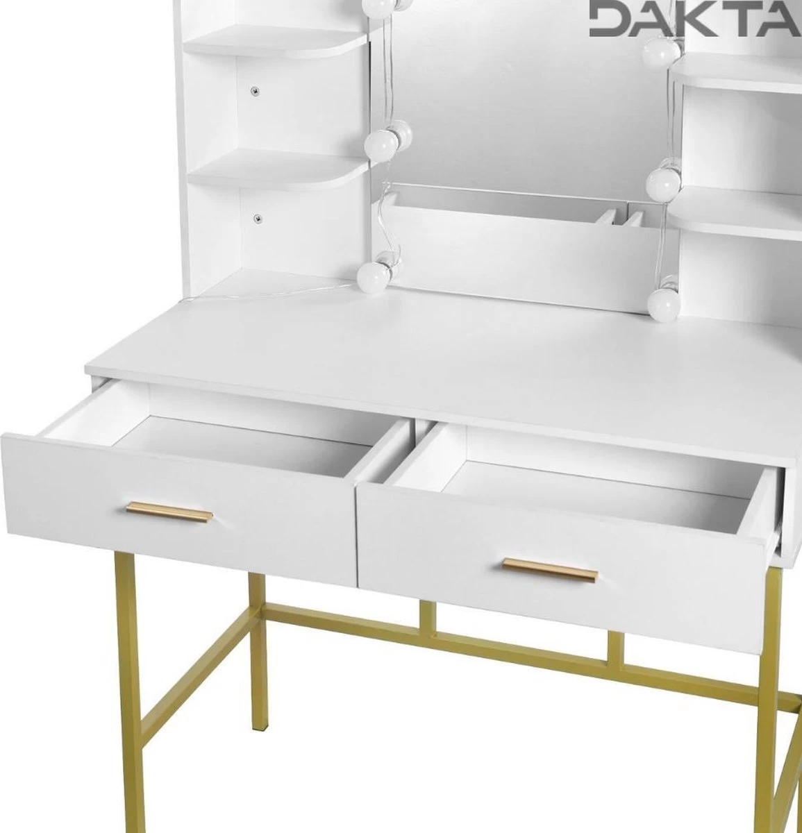 Dakta ® Luxe Make-Up Tafel Met Spiegel Met Verlichting | 2 Lades | Wit En Goud | Kaptafel 4 Dakta ® Luxe Make-Up Tafel Met Spiegel Met Verlichting | 2 Lades | Wit En Goud | Kaptafel - Afbeelding 4