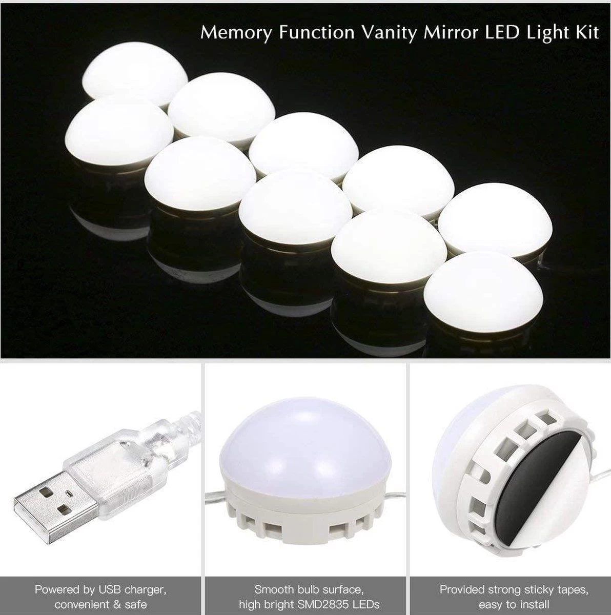 Merkloos LED Spiegel | 10 LEDS | Make-up Spiegel | Helderheid Aanpasbaar | USB Voeding | Geheugenfunctie 4 Merkloos LED Spiegel | 10 LEDS | Make-up Spiegel | Helderheid Aanpasbaar | USB Voeding | Geheugenfunctie - Afbeelding 4