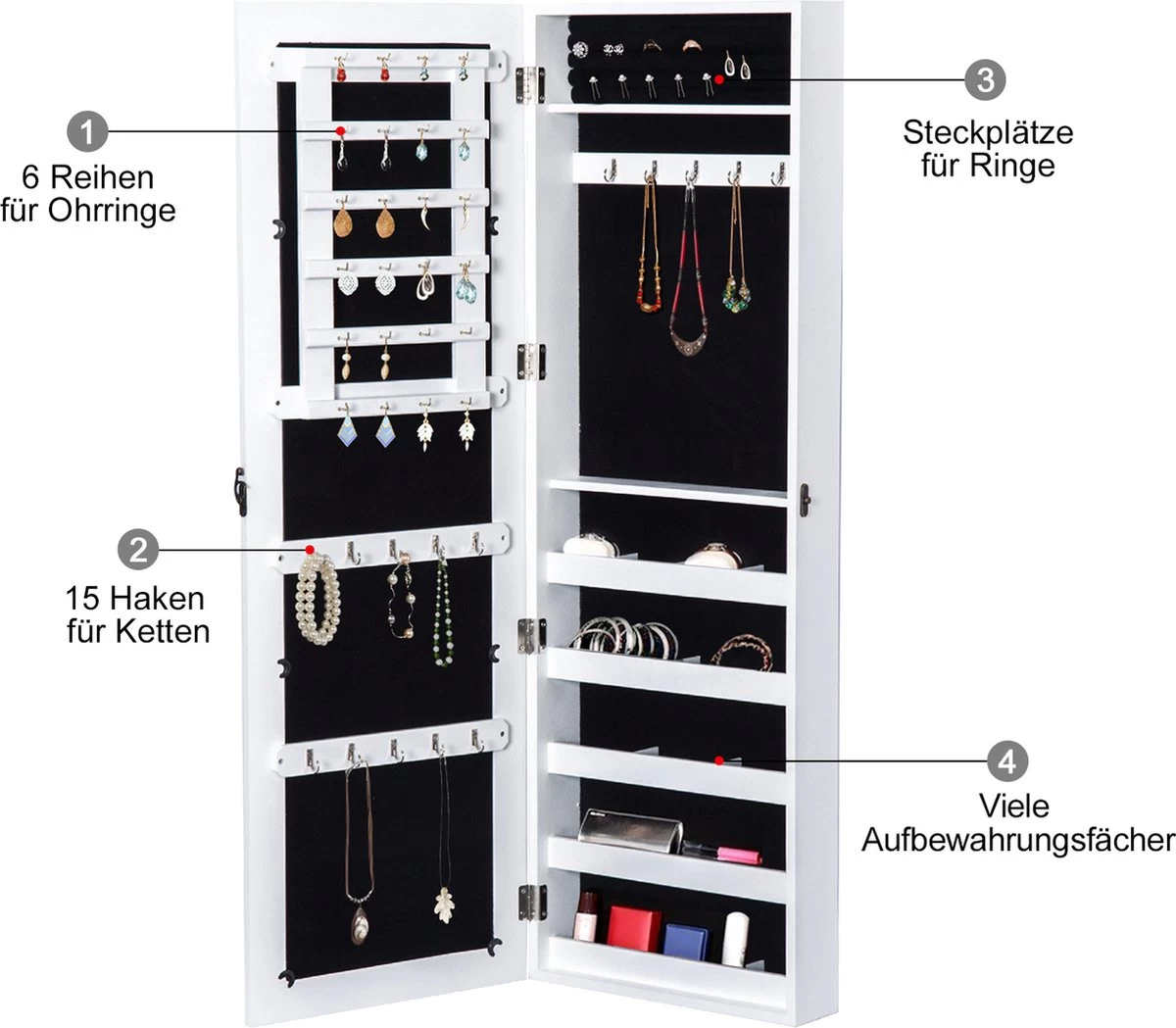 HOMCOM 2-in-1 Sieradenkast Wandspiegel Spiegelkast Sieraden Ladekast Spiegel 833-102WT 6 HOMCOM 2-in-1 Sieradenkast Wandspiegel Spiegelkast Sieraden Ladekast Spiegel 833-102WT - Afbeelding 6