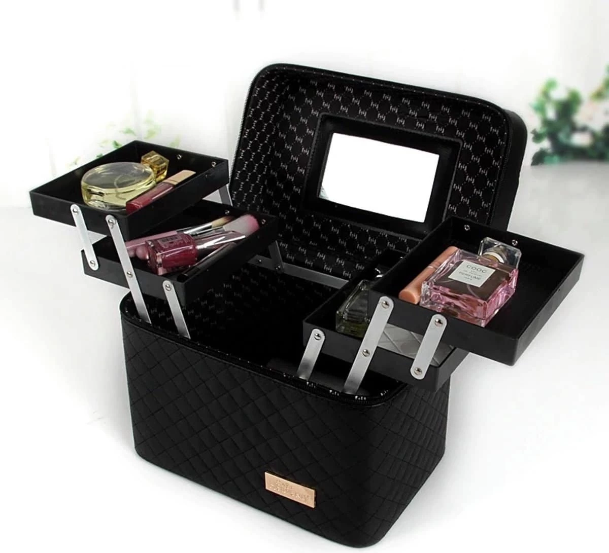 Confibel Make Up Koffer - Uitklapbaar - 5 Opbergbakken - Met Spiegel - Zwart 2 Confibel Make Up Koffer - Uitklapbaar - 5 Opbergbakken - Met Spiegel - Zwart - Afbeelding 2