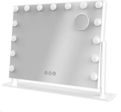 Novalie Hollywood Spiegel Met Verlichting - 65 Cm X 50 Cm - Make Up Spiegel Met Led Lampen – Visagie – Dimbaar / 3 Lichtstanden – Voor Hem / Haar Cadeau – 10x Vergroting – Met Tru-Daylight Verlichting – Wit