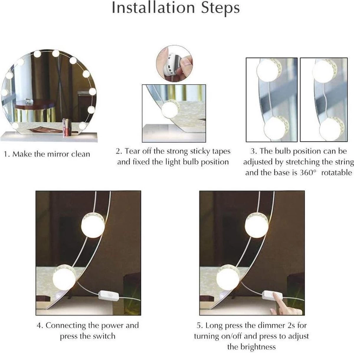 Merkloos LED Spiegel | 10 LEDS | Make-up Spiegel | Helderheid Aanpasbaar | USB Voeding | Geheugenfunctie 5 Merkloos LED Spiegel | 10 LEDS | Make-up Spiegel | Helderheid Aanpasbaar | USB Voeding | Geheugenfunctie - Afbeelding 5