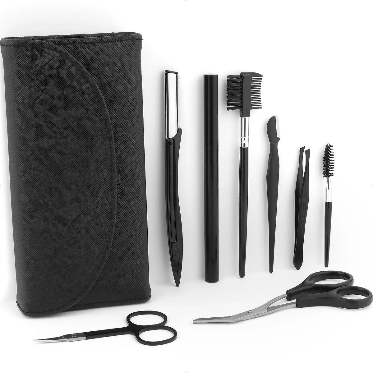 Wenkbrauw Trimmer Set - 8-delig – Met Epileer Pincet, 2x Wenkbrauw Schaartje, 2x Wenkbrauwmesje, Wenkbrauw Borstel, Wenkbrauwpotlood, Spoolie – In Stevige Etui - Zwart 1 Wenkbrauw Trimmer Set - 8-delig – Met Epileer Pincet, 2x Wenkbrauw Schaartje, 2x Wenkbrauwmesje, Wenkbrauw Borstel, Wenkbrauwpotlood, Spoolie – In Stevige Etui - Zwart