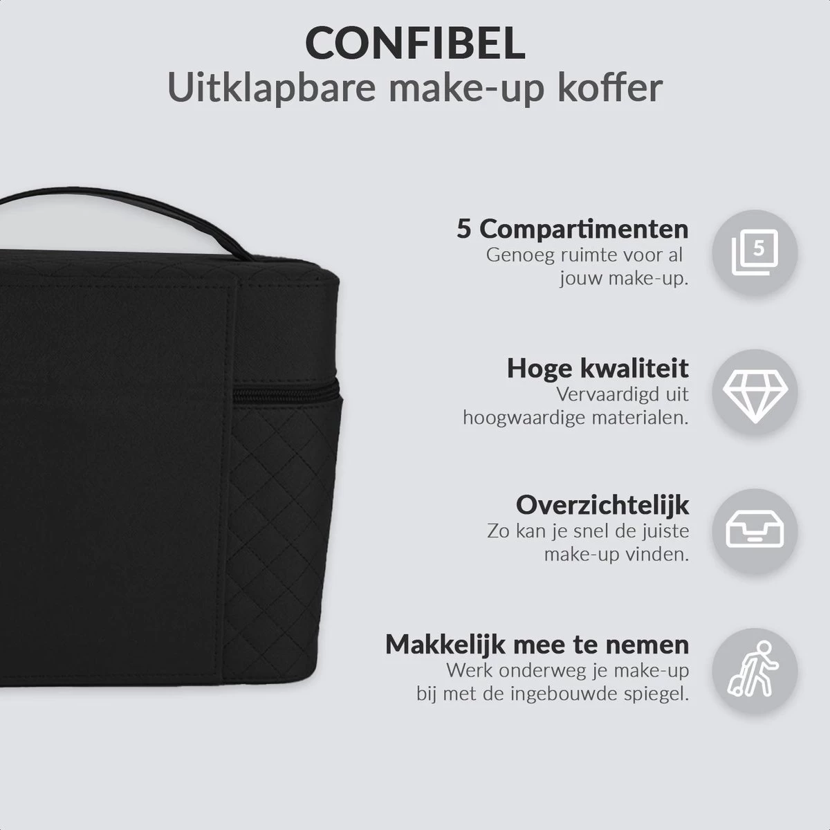 Confibel Make Up Koffer - Uitklapbaar - 5 Opbergbakken - Met Spiegel - Zwart 3 Confibel Make Up Koffer - Uitklapbaar - 5 Opbergbakken - Met Spiegel - Zwart - Afbeelding 3
