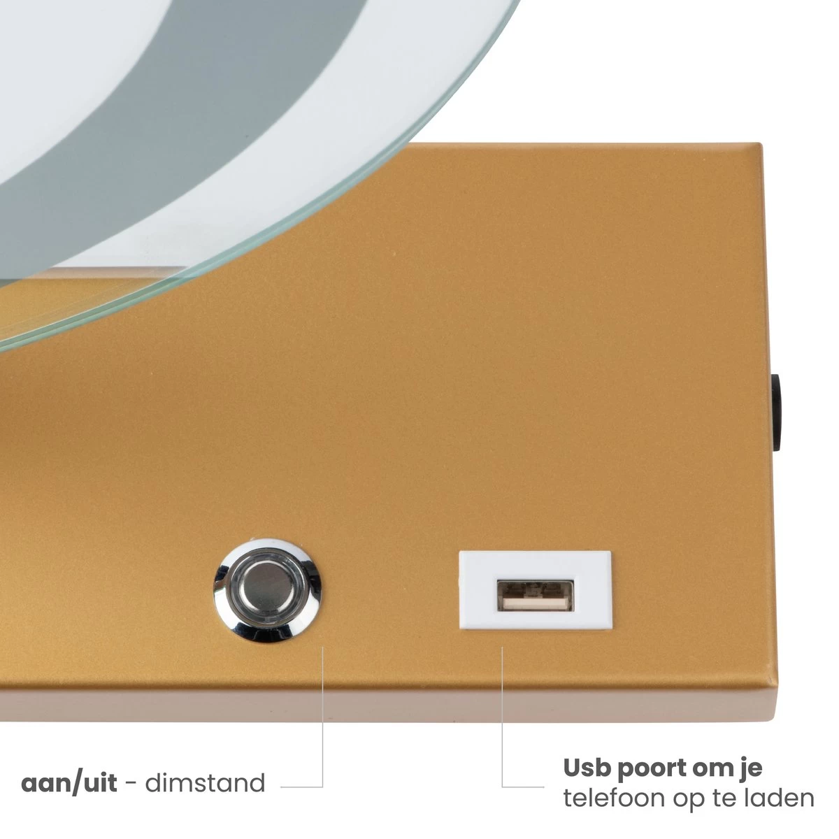 Nuvoo Make-up Spiegel - Visagie Spiegel - Hollywood Spiegel - Diameter 50cm - 3 Licht Tinten - Dimbaar - USB Telefoonoplader - Goud 9 Nuvoo Make-up Spiegel - Visagie Spiegel - Hollywood Spiegel - Diameter 50cm - 3 Licht Tinten - Dimbaar - USB Telefoonoplader - Goud - Afbeelding 9