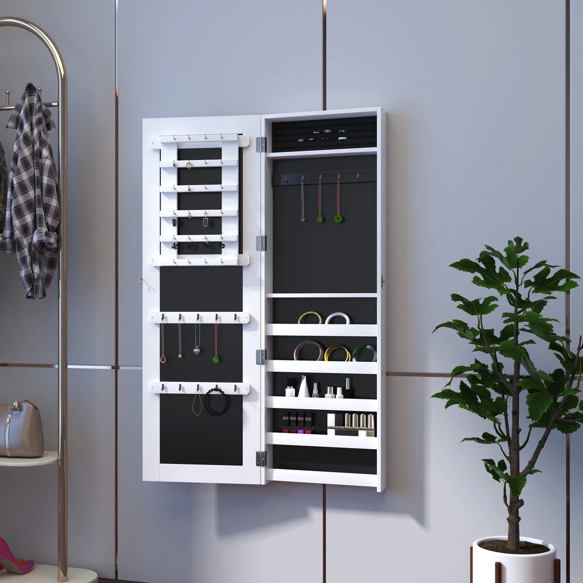 HOMCOM 2-in-1 Sieradenkast Wandspiegel Spiegelkast Sieraden Ladekast Spiegel 833-102WT 10 HOMCOM 2-in-1 Sieradenkast Wandspiegel Spiegelkast Sieraden Ladekast Spiegel 833-102WT - Afbeelding 10