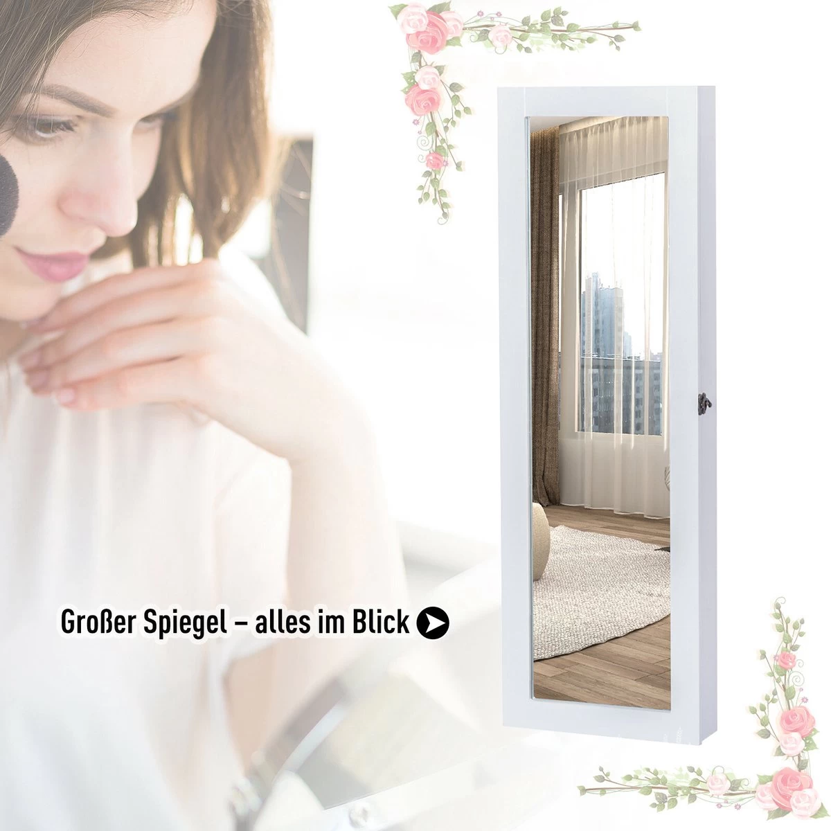 HOMCOM 2-in-1 Sieradenkast Wandspiegel Spiegelkast Sieraden Ladekast Spiegel 833-102WT 11 HOMCOM 2-in-1 Sieradenkast Wandspiegel Spiegelkast Sieraden Ladekast Spiegel 833-102WT - Afbeelding 11