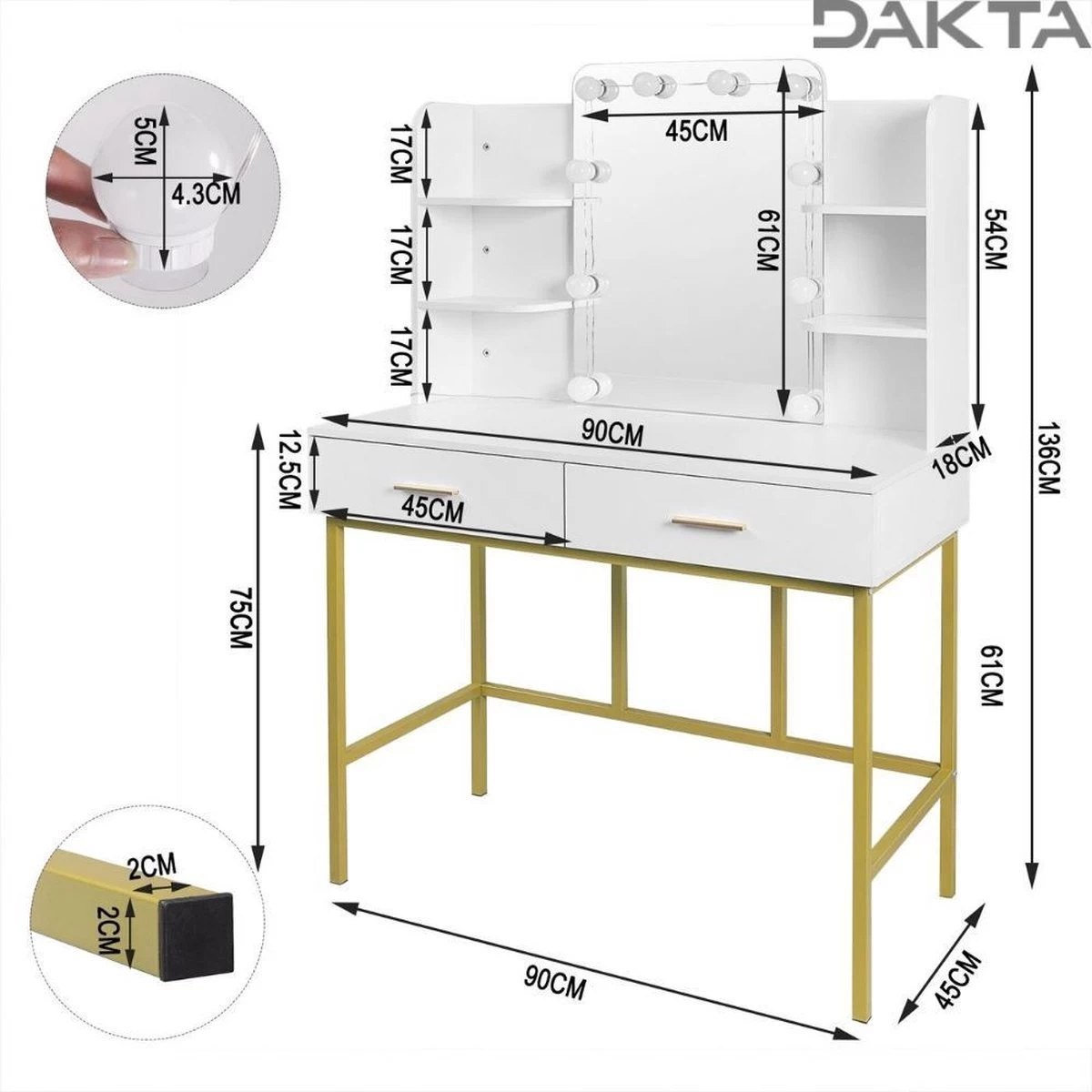Dakta ® Luxe Make-Up Tafel Met Spiegel Met Verlichting | 2 Lades | Wit En Goud | Kaptafel 2 Dakta ® Luxe Make-Up Tafel Met Spiegel Met Verlichting | 2 Lades | Wit En Goud | Kaptafel - Afbeelding 2