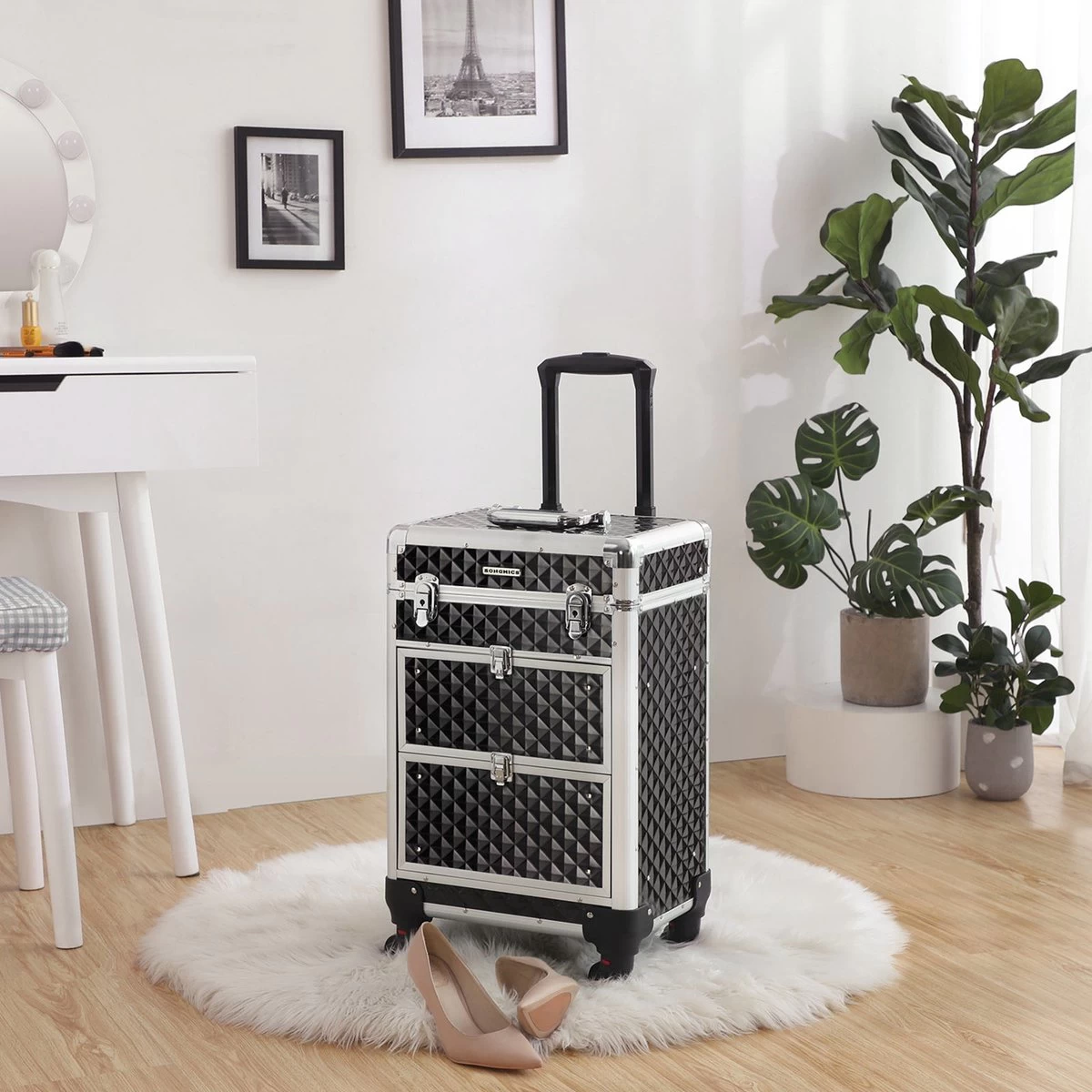 Hoppa! Cosmetic Case Trolley, Professionele Make-up Case, Kapperskoffer Met 4 Uitneembare Universele Wielen, Make-up Case, Top Met 3 Uittrekbare Compartimenten, Laden, Voor Op Reis, Zwart 2 Hoppa! Cosmetic Case Trolley, Professionele Make-up Case, Kapperskoffer Met 4 Uitneembare Universele Wielen, Make-up Case, Top Met 3 Uittrekbare Compartimenten, Laden, Voor Op Reis, Zwart - Afbeelding 2