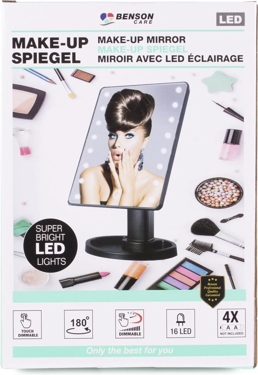Benson Make Up Spiegel - LED Touch - Dimbaar - 16 Leds - Zwart 3 Benson Make Up Spiegel - LED Touch - Dimbaar - 16 Leds - Zwart - Afbeelding 3