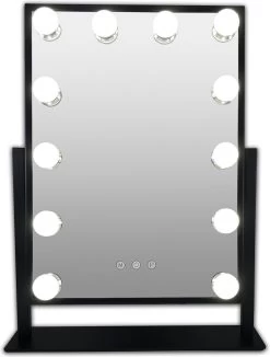 Zwarte Make-up Hollywood LED Spiegel, 12x Dimbare LED Bulbs. 3 Kleuren Licht