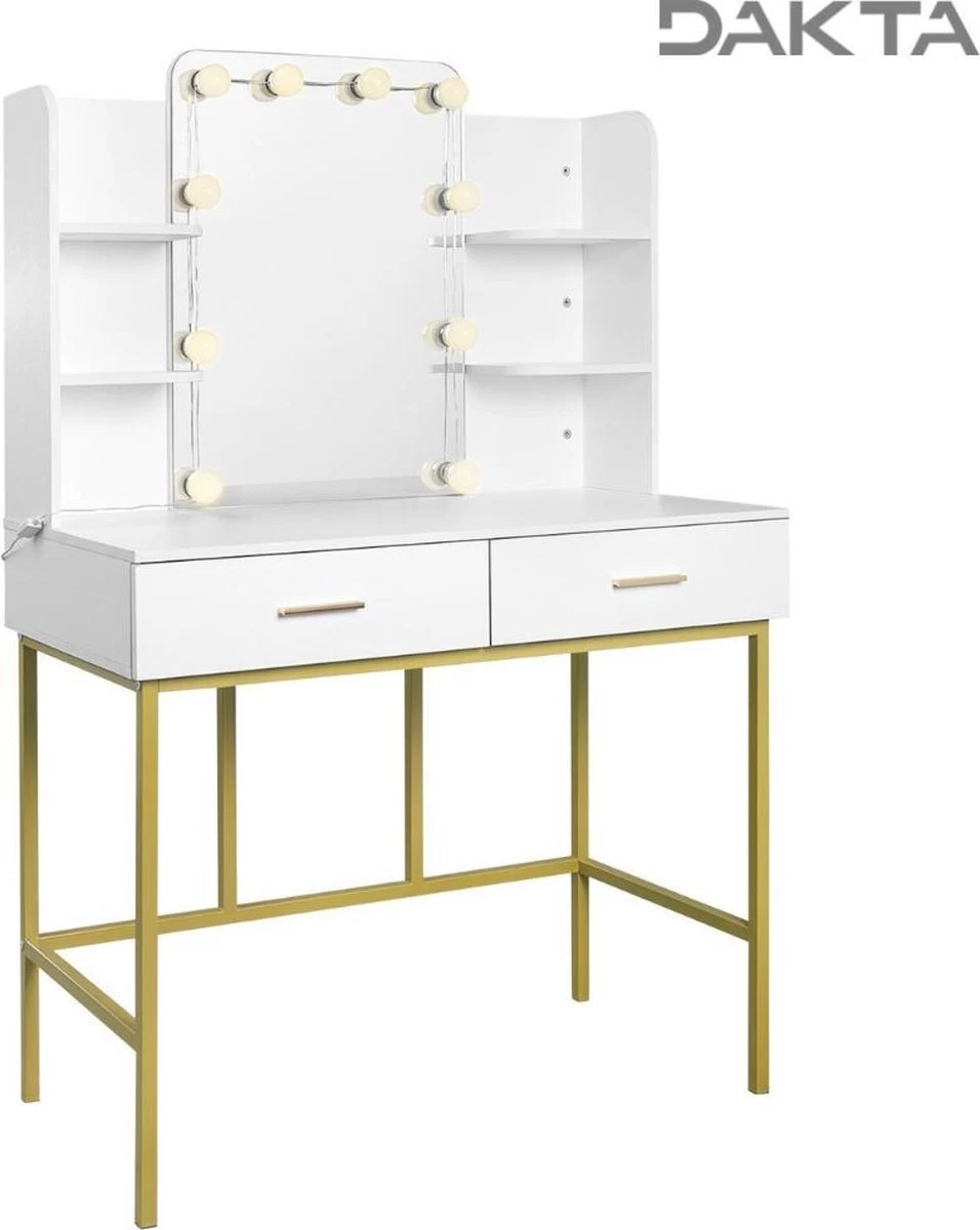 Dakta ® Luxe Make-Up Tafel Met Spiegel Met Verlichting | 2 Lades | Wit En Goud | Kaptafel 5 Dakta ® Luxe Make-Up Tafel Met Spiegel Met Verlichting | 2 Lades | Wit En Goud | Kaptafel - Afbeelding 5